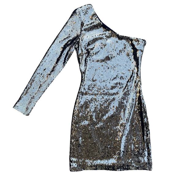Topshop Gold Sequin One Shoulder Long Sleeve Mini Dress - Size 2 - Picture 2 of 9